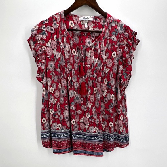 Fechilo Tops - Feelib Womens Red Floral Blouse V-Neck Tie Closure Tasseled Short Sleeve